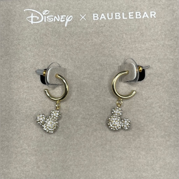Disney X Baublebar Mickey Mouse Dangle Gold Tone Hoop Rhinestone Earrings 1+” - Picture 4 of 5